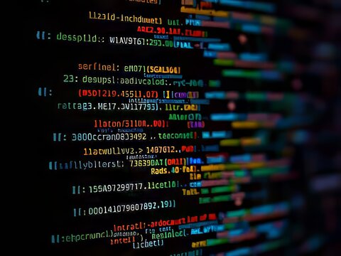 Blurred computer code on a dark background.
