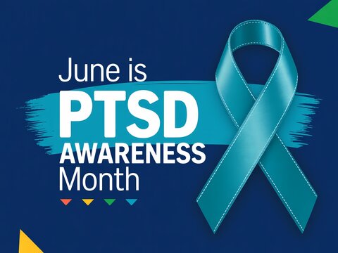 June is ptsd awareness month banner with teal ribbon on dark blue background