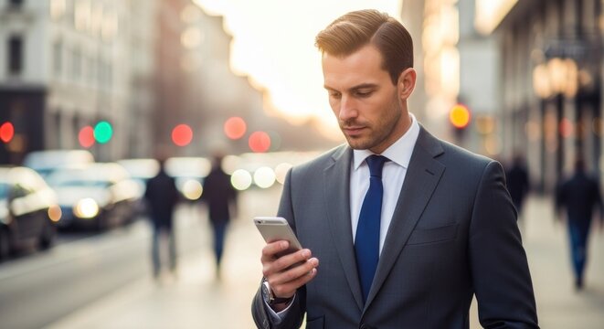 Professional man dressed in formal attire uses a mobile communication device while standing on a bustling city street.