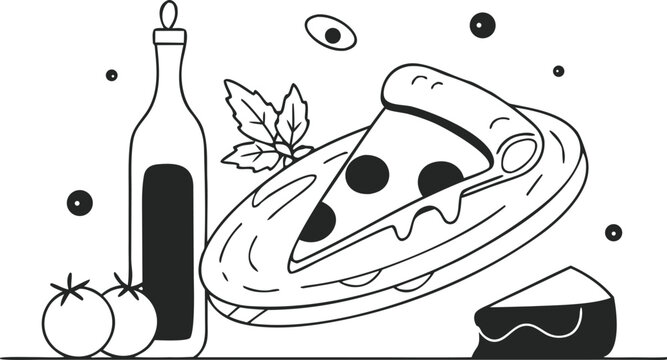 black and white outline drawing of pizza, bottle, tomatoes, and cheese on transparent background