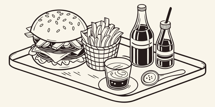 Isometric line art of a gourmet burger combo with fries glass of water and glass bottles