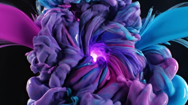 Vibrant, swirling clouds of deep violet and electric cyan paint bloom outwards from a luminous, intense glow in a dynamic, abstract visual explosion, conveying energy and motion