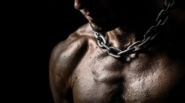 Strong man wearing metal chain poses in low light setting, showing muscular physique and determination