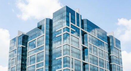 Fototapeta premium A sleek modern office building featuring a polished glass facade reflecting soft clouds in a structured, geometric architectural pattern, commercial, minimal, skyscraper