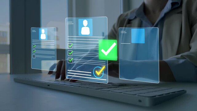 Business professional reviewing digital CV on a laptop, analyzing candidate profiles for recruitment and hiring decisions.Concept of Human Resources ,election and online application screening process.
