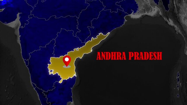 Andhra Pradesh map animation with cinematic zoom transition and glowing geographic location highlight on India political map