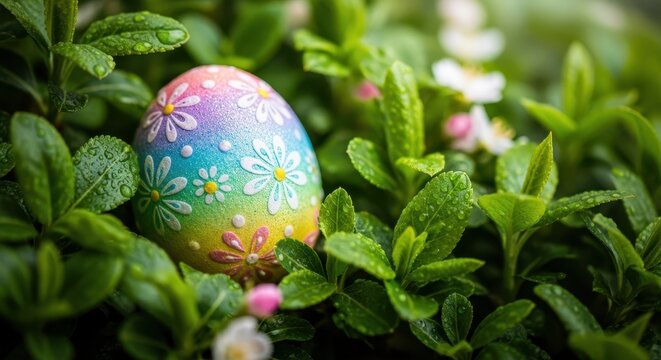 A single pastel decorated egg subtly hidden among dense green springtime foliage, signifying a lingering surprise or secret discovery after the holiday, celebration, hidden, renewal