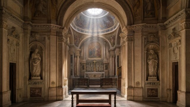  Interior of Renaissance-style chapel with light from dome window. 