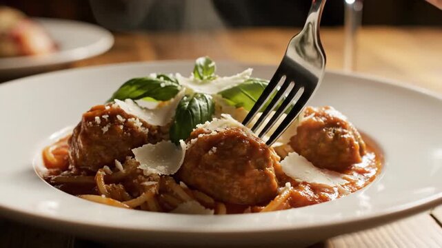 Pasta dish with meatballs and parmesan cheese garnishing on white plate