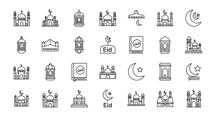 Ramadan and Eid Mubarak line icon set, 28 Islamic religion vector elements, mosque and lantern outline symbols for Muslim holiday greeting cards © FATEMA
