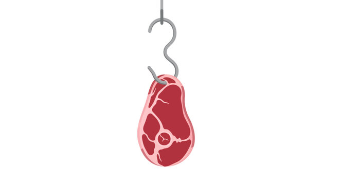 Raw beef steak hanging on metal meat hook, fresh red pork meat cut for butcher shop, protein food vector illustration on white background