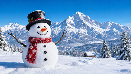Obraz premium A smiling snowman wearing a top hat and red scarf stands in a snowy landscape with majestic, snow-covered mountains in the background