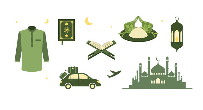 Islamic Ramadan and Eid Mubarak flat vector icon set, green Muslim holiday elements with mosque, Quran, lantern and ketupat, religious celebration graphics