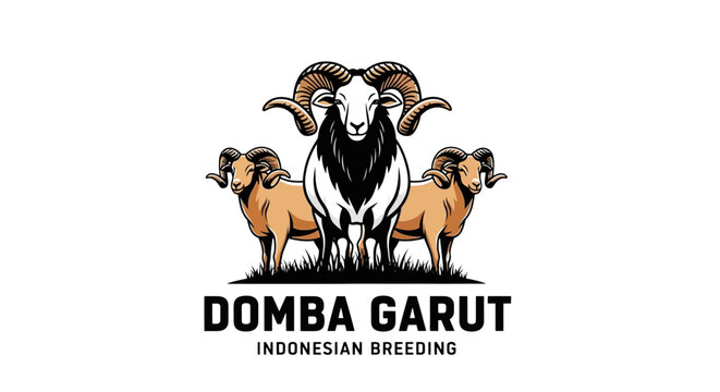 Domba Garut Indonesian breeding sheep vector logo, majestic ram with large curved horns, livestock farming and agriculture mascot design