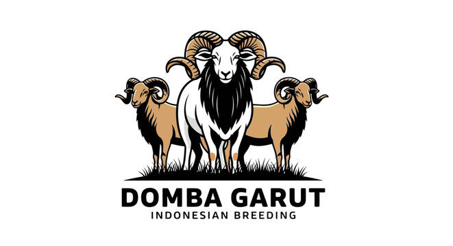 Domba Garut Indonesian breeding logo, majestic ram with large curved horns vector, traditional livestock farming and sheep husbandry emblem