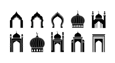 Islamic architectural silhouettes set, 10 black mosque arches and dome icons, traditional arabic gate and window frames for ramadan design © FATEMA