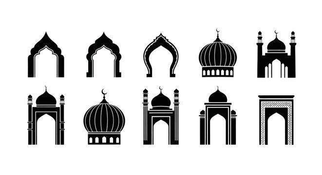 Islamic architectural silhouettes set, 10 black mosque arches and dome icons, traditional arabic gate and window frames for ramadan design