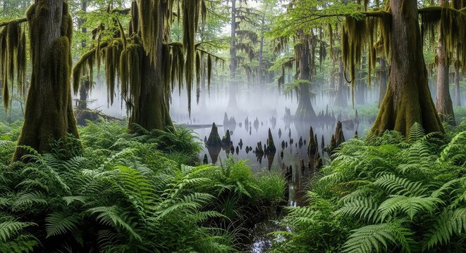 This panoramic equirectangular view shows a lush prehistoric swamp with dense ferns, ancient mossy trees, and thick mist over still water, 360-degree, dense, water