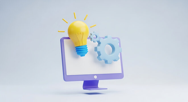 3D computer monitor with glowing lightbulb and gear icon computer lightbulb innovation technology business solution creative strategy development optimization management thinking software