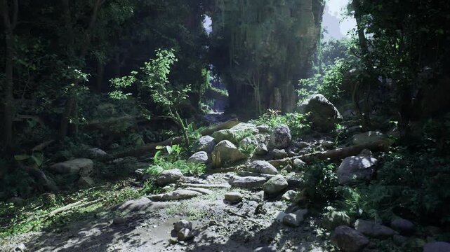 Ancient stone path toward mossy archway under dense rainforest canopy, archaeological vibe with relic textures, creeping vines, humid air, and sense of heritage
