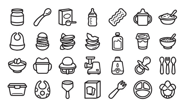 Baby feeding and nutrition icon collection with nutrition utensils babyfood