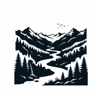 Winding river through dark pine forest and snowy mountains stream water