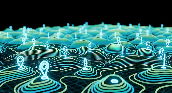 Abstract topographic map surface with glowing geolocation pin icons location topography navigation geolocation technology abstract position interface coordinate landscape tracking