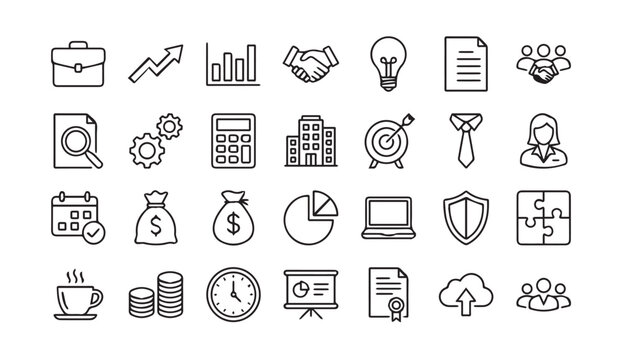 Business development and corporate strategy line icons with business, strategy