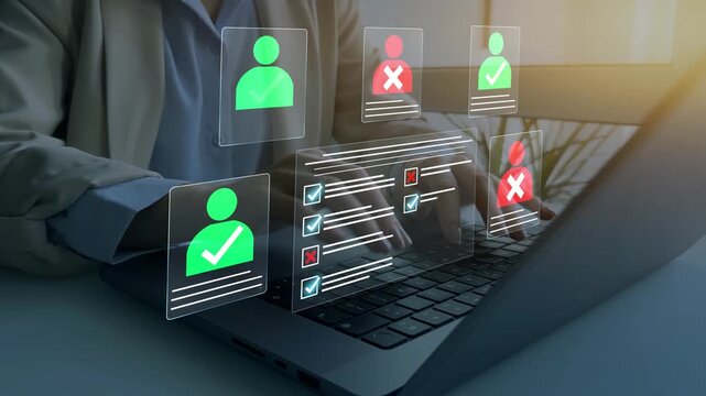 Employee approval process management.
Hiring system resume filtering employee candidate.Digital documents with check marks verified staff records and online HR management. 