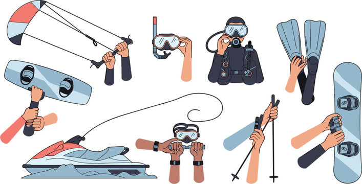 Extreme Water Sports and Winter Adventure Equipment Vector Set Featuring Kitesurfing, Diving, Skiing, Snowboarding, and Jet Ski Activities