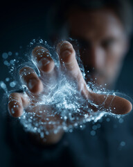 Fototapeta premium The Hand of Innovation: A close-up shot captures a man's hand reaching out, surrounded by shimmering particles and ethereal blue light, suggesting technological advancement and futuristic ideas.