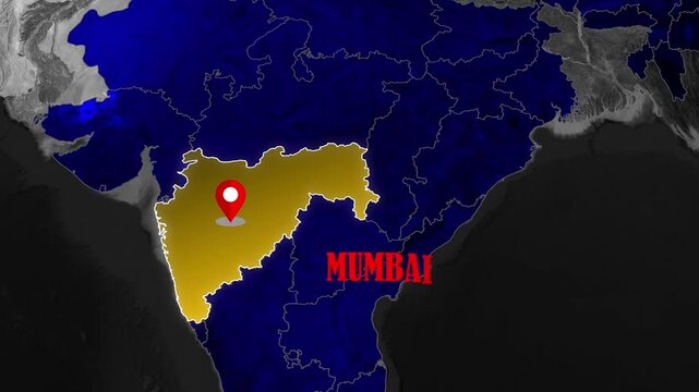 Mumbai map geographic zoom animation featuring India map highlight and cinematic location tracking motion graphics effect