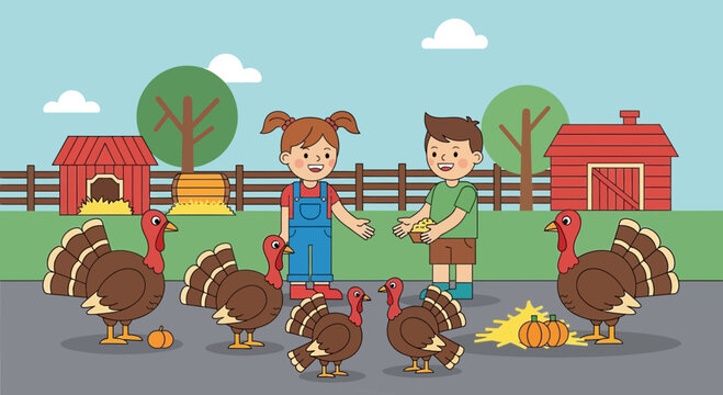 Children feeding domestic turkeys on farm.