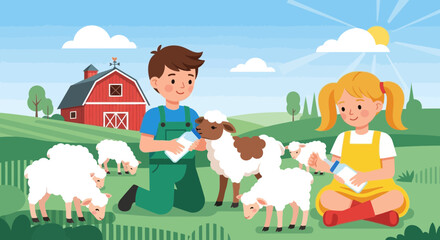 Naklejka premium Children petting goats on farm.