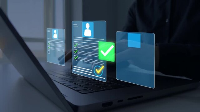 Business professional reviewing digital CV on a laptop, analyzing candidate profiles for recruitment and hiring decisions.Concept of Human Resources ,election and online application screening process.