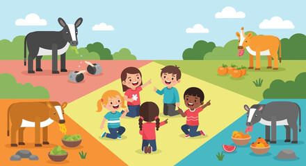 Naklejka premium Children Playing with Farm Animals Together.