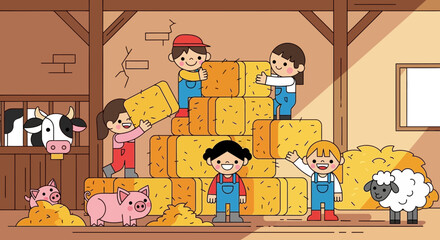 Fototapeta premium Children playing with haystack farm.