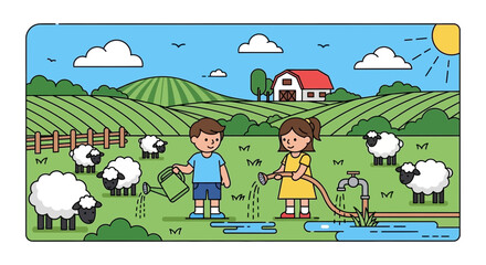 Obraz premium Children Playing with Sheep in Field.