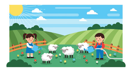 Obraz premium Children Playing With Sheep Outdoors.