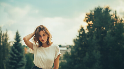 Naklejka premium young woman in casual summer outfit lifestyle portrait, natural beauty portrait of woman in minimal fashion style, relaxed modern female model in simple summer clothing