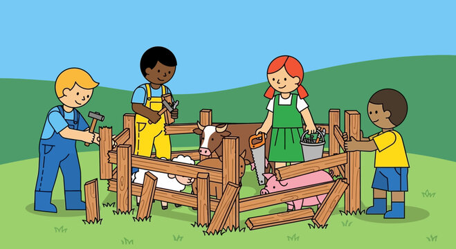 Children playing with a seesaw outdoors.