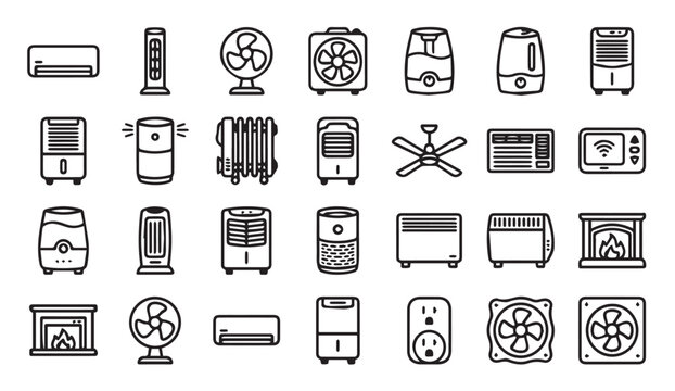 Hvac and climate control system icon set with conditioning, ventilation