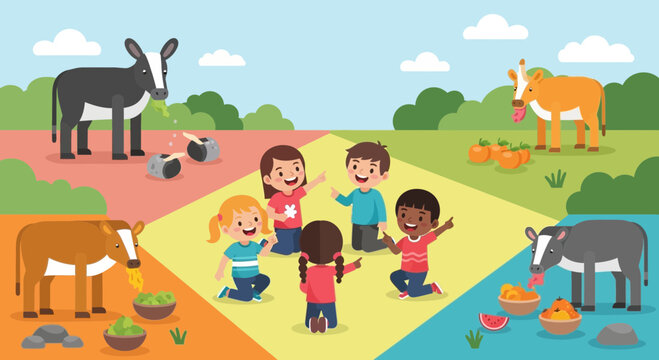 Children Playing with Farm Animals Together.