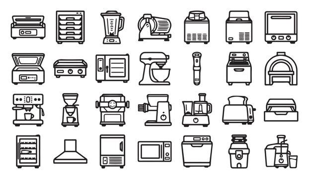 Commercial kitchen and restaurant cooking appliances outline icons with culinary
