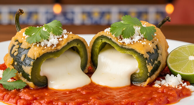 Chiles rellenos are filled with melted cheese and topped with fresh cilantro and lime.