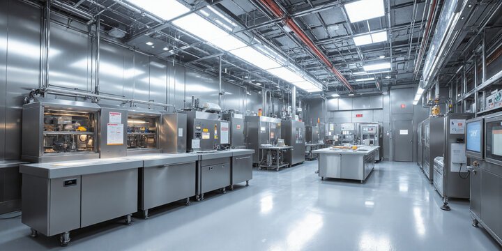 Automated seafood processing plant with clean stainless steel surfaces, energy-efficient systems, and eco-friendly materials for sustainable food production.