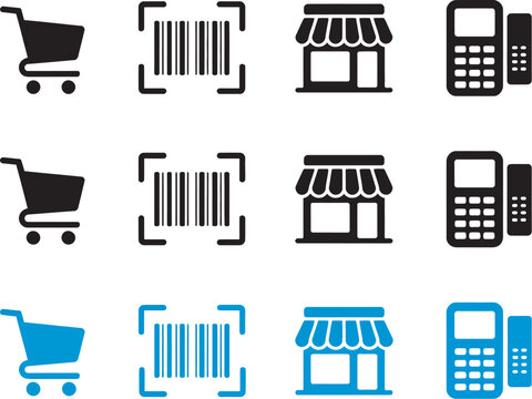 shopping and retail icon set, vector elements for e-commerce, black and purple store symbols including shopping cart, barcode scanner, and pos terminal, digital payment graphics, checkout interface ic