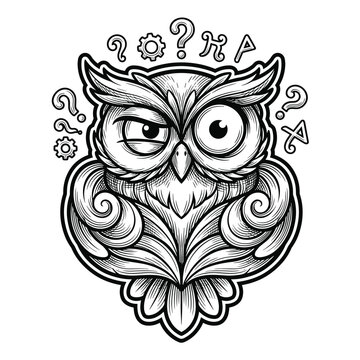 Thinking owl vector illustration line art badge with question mark sign for smart mind quiz test exam
