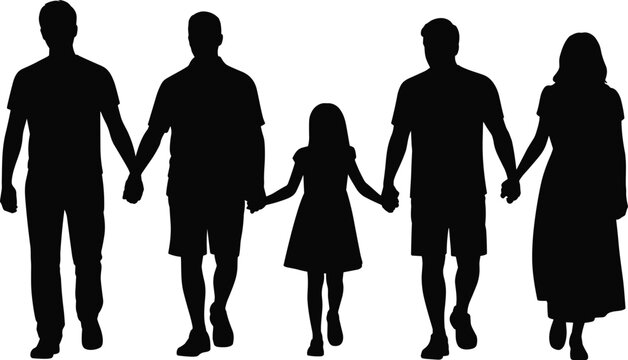 Big happy family holding hands and walking together, black silhouettes vector illustration background