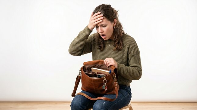 Woman Checking Empty Bag Realizing She Forgot Something Isolated on White